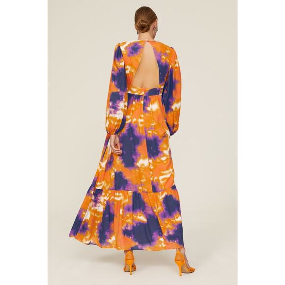 TOCCIN Purple Orange Tie-Dye Retro Plunging Neckline Puff Sleeves Maxi Dress 8 - Picture 3 of 16